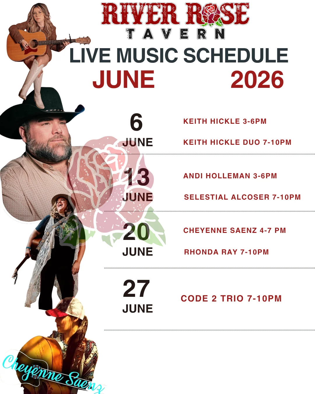 Live music calendar featuring upcoming performances at the restaurant.