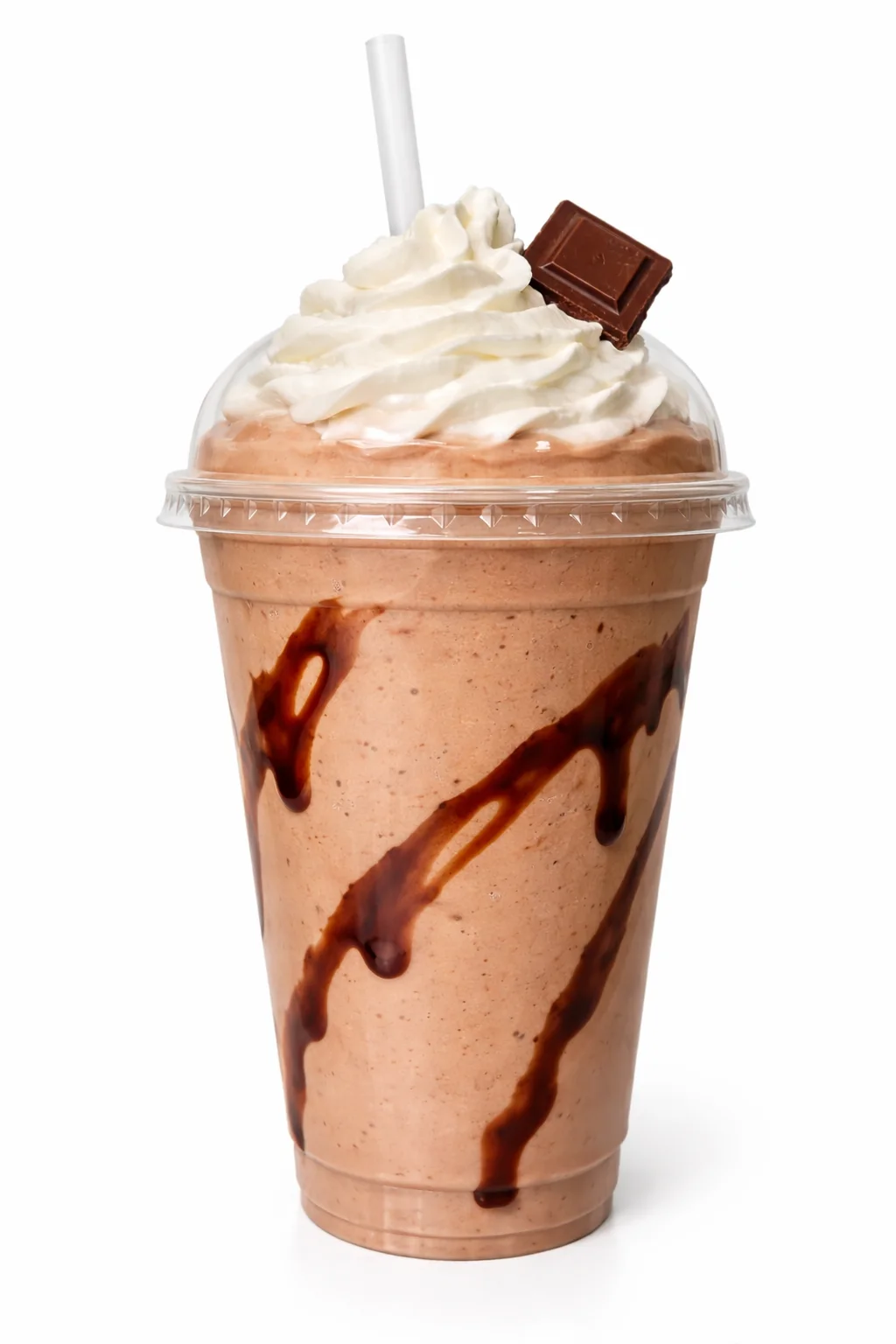 A creamy chocolate milkshake topped with whipped cream and a piece of chocolate, served with a straw, adorned with chocolate syrup.