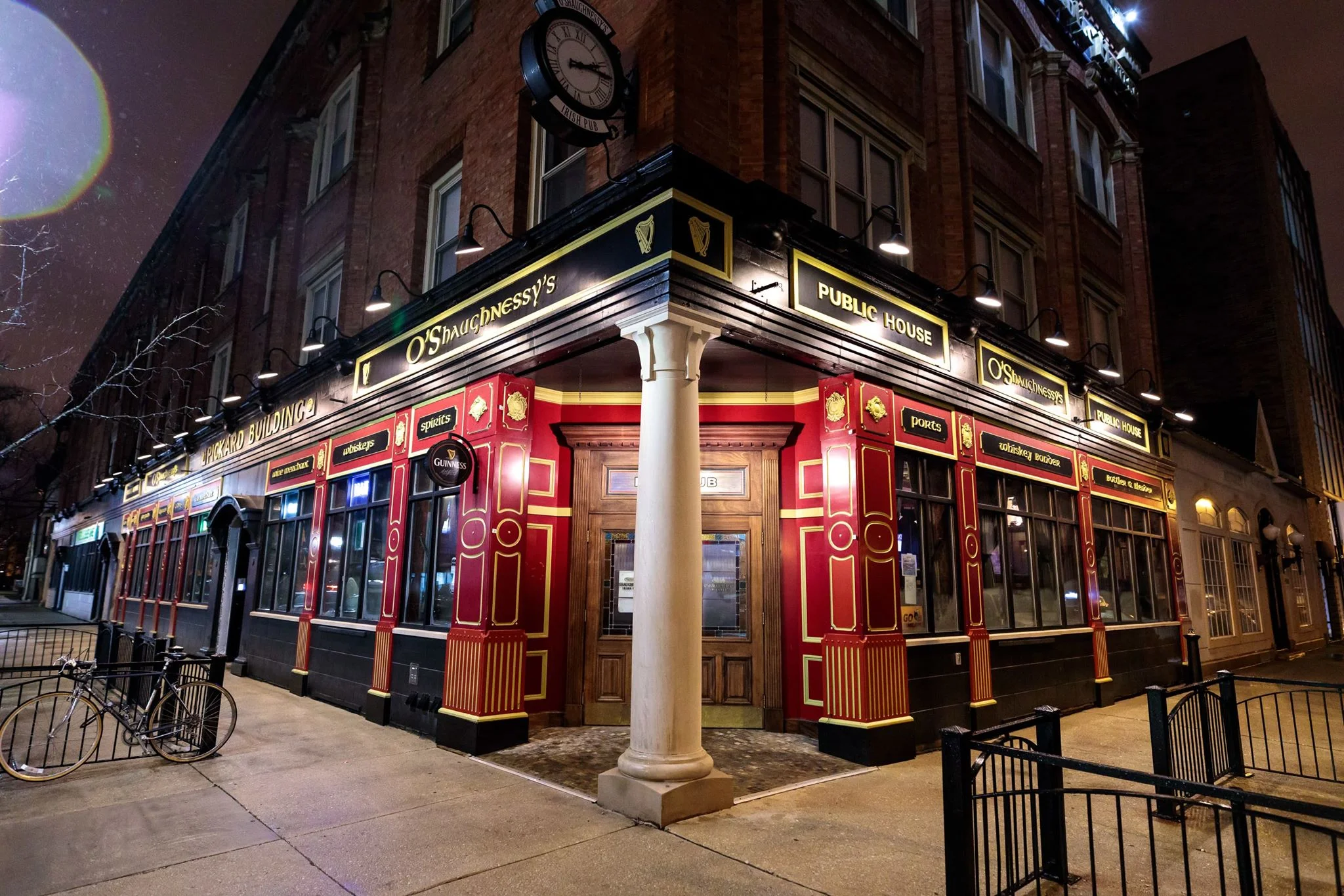 Charming pub exterior with classic architecture at night