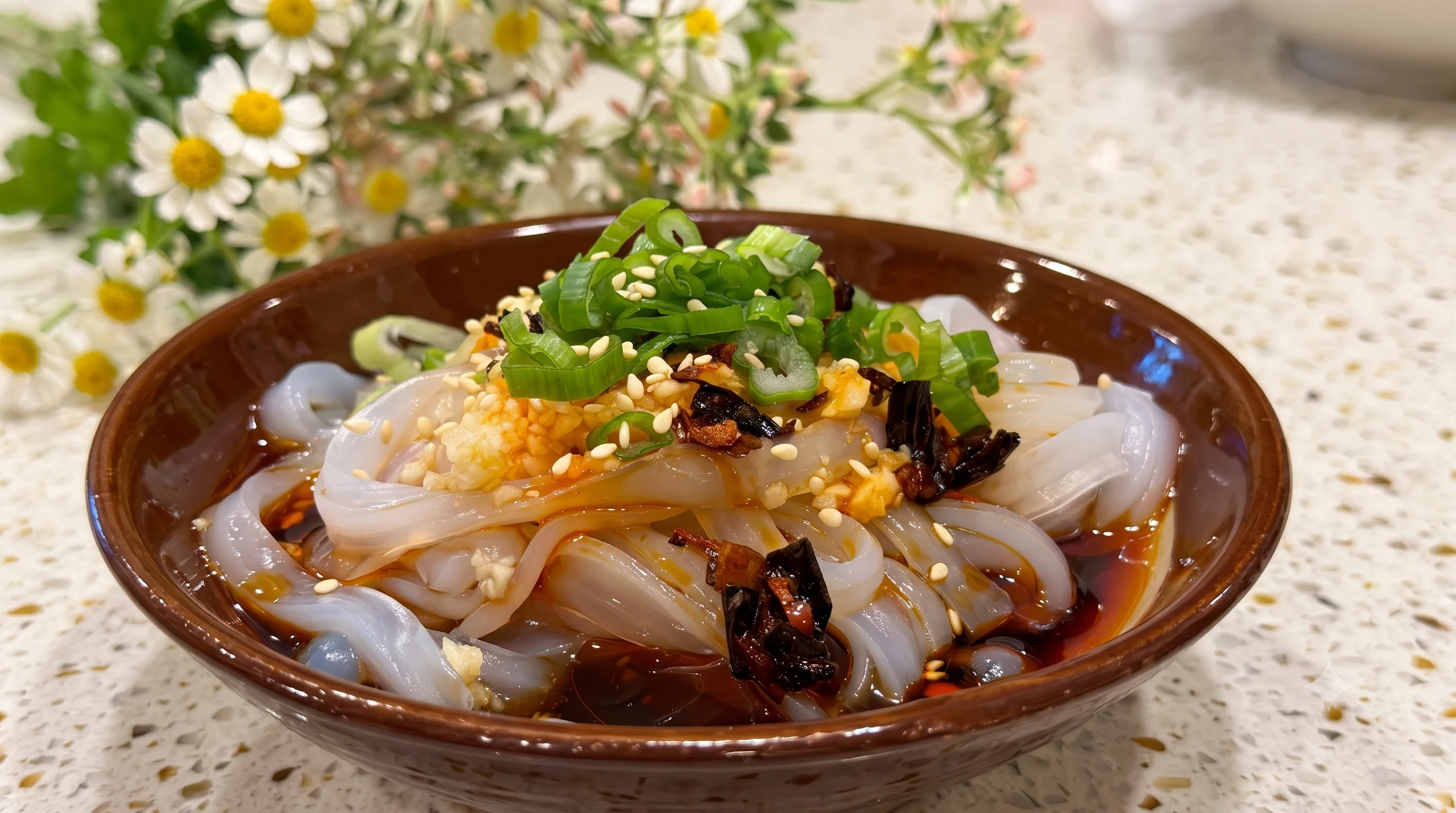 Chilled Chinese liangpi noodles with sesame and garlic