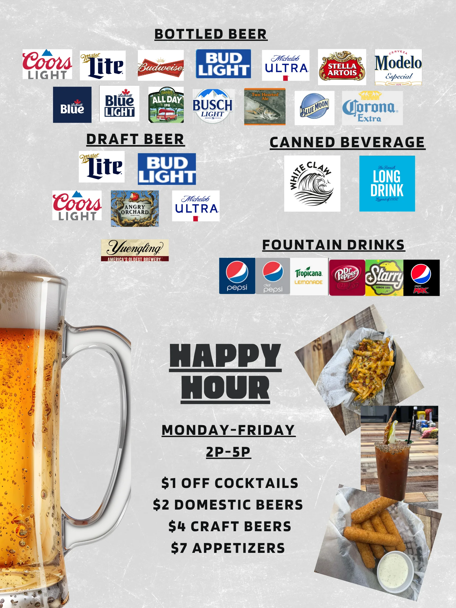 Happy hour menu featuring drinks and appetizers at a lively bar