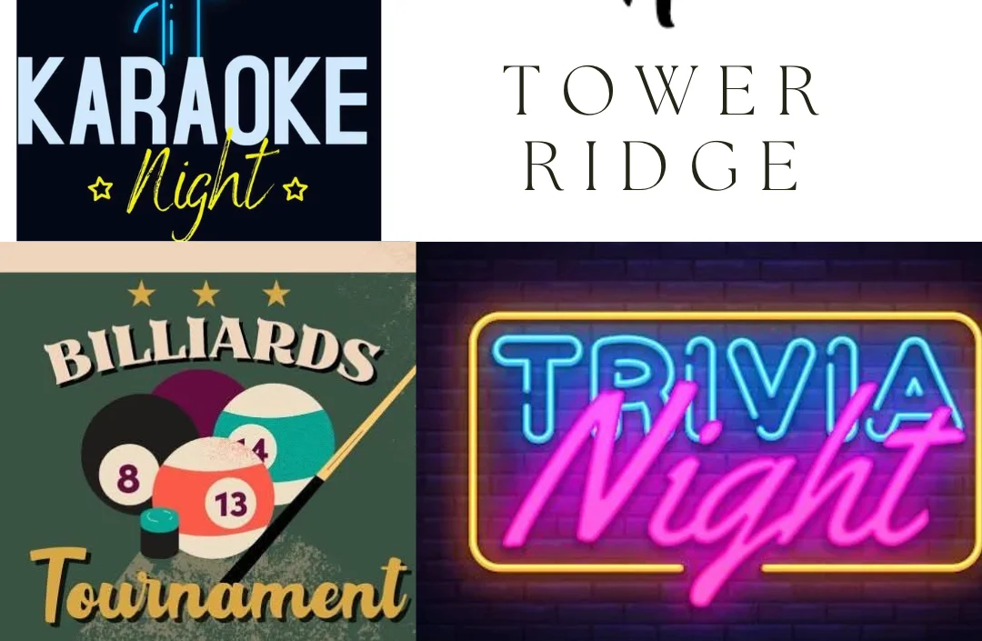 Promotional event posters for karaoke, dance, billiards, and trivia nights