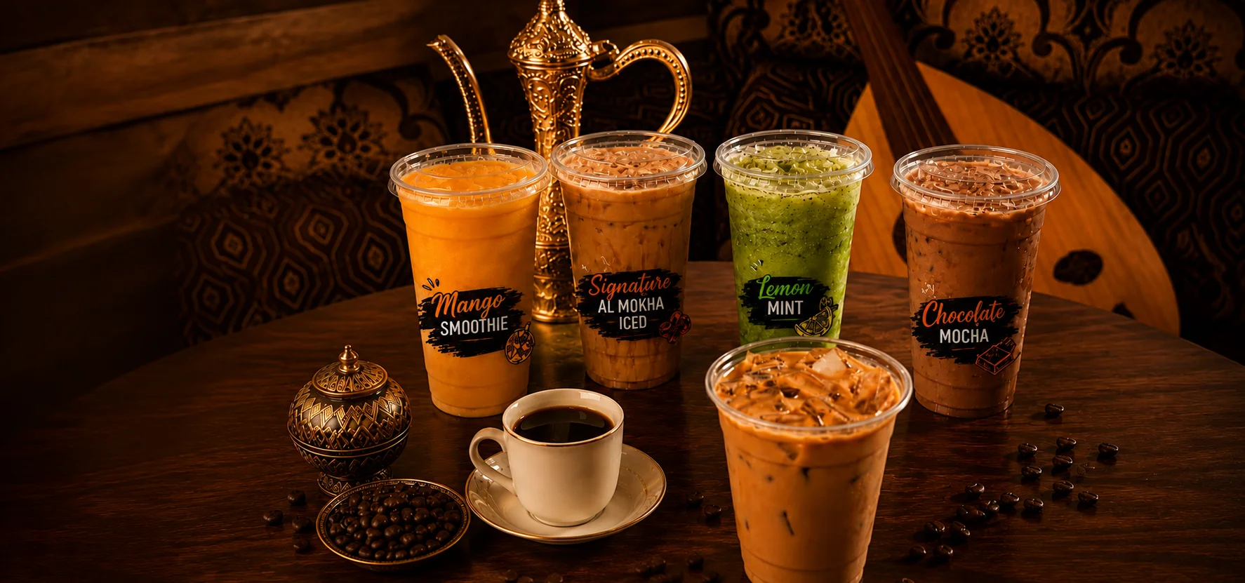Interior of Bab Al-Yemen Cafe showcasing coffee and branding message.