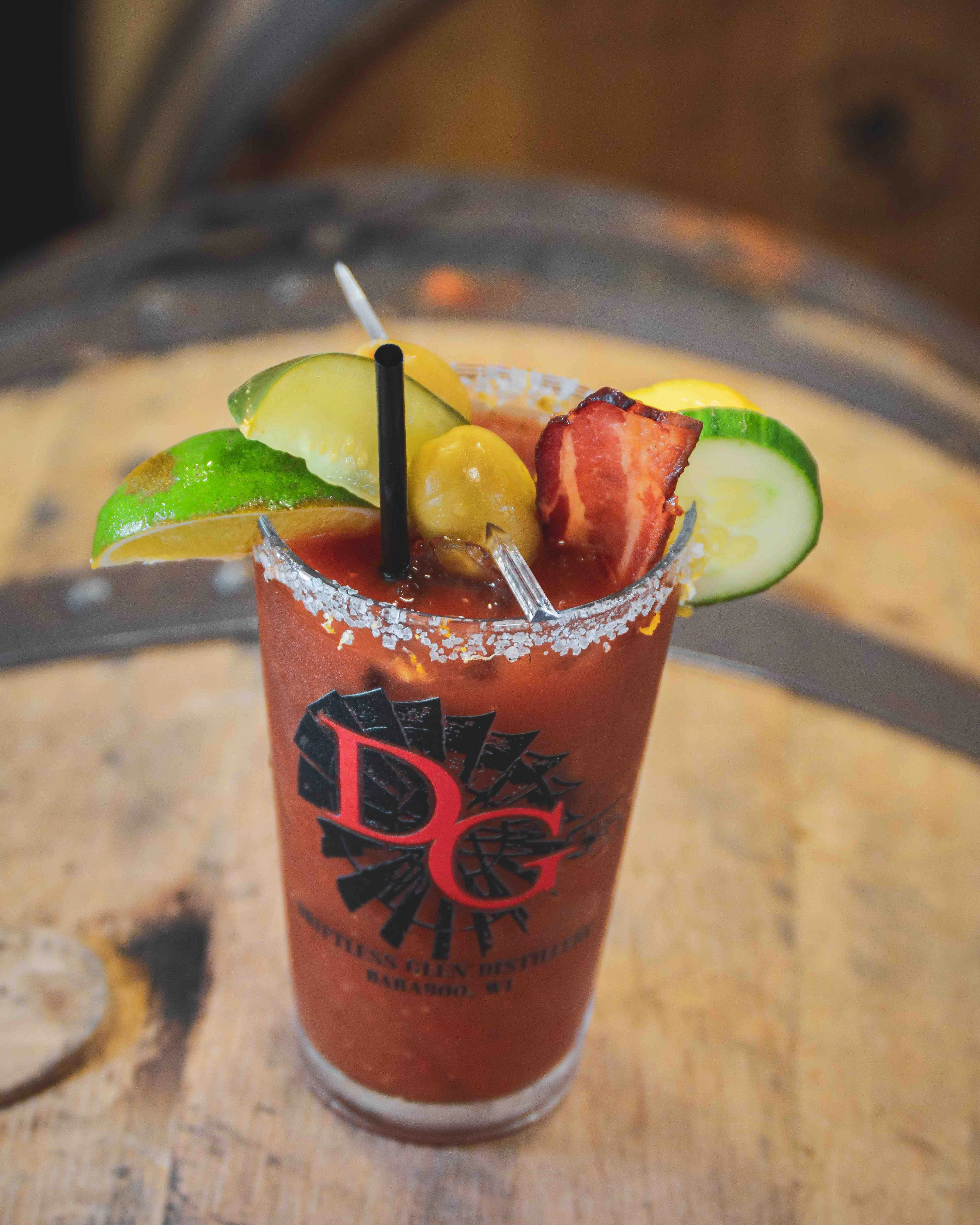 Driftless Bloody Mary on top of a barrel