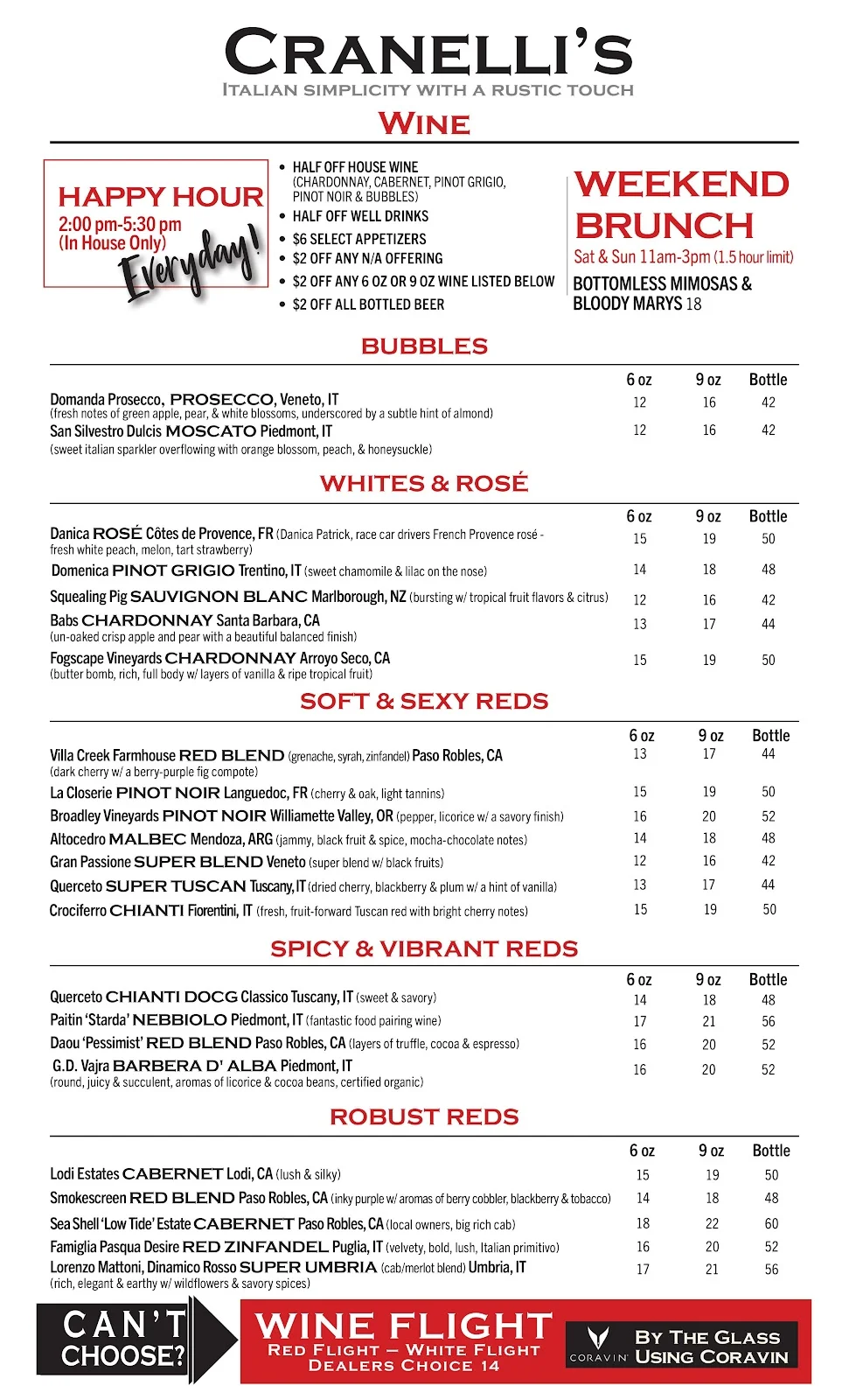 Wine menu featuring Italian selections at Cranelli's Italian Restaurant