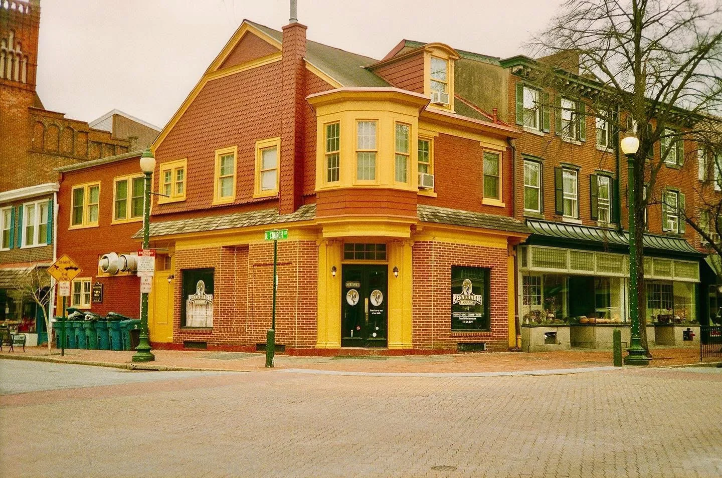 Charming restaurant exterior with colorful brick facade
