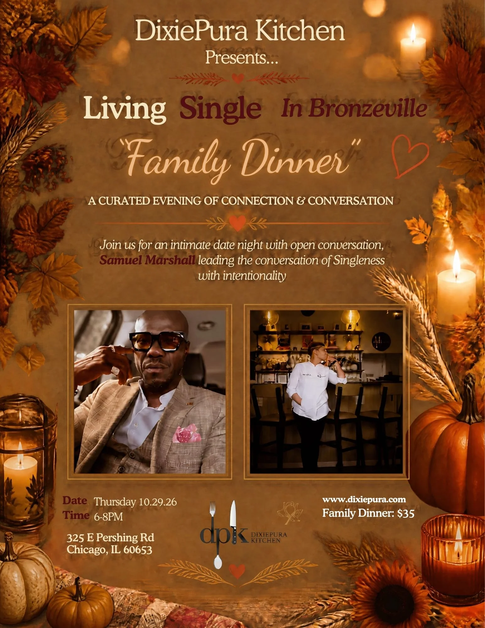 Autumn restaurant event flyer for a family dinner in Bronzeville