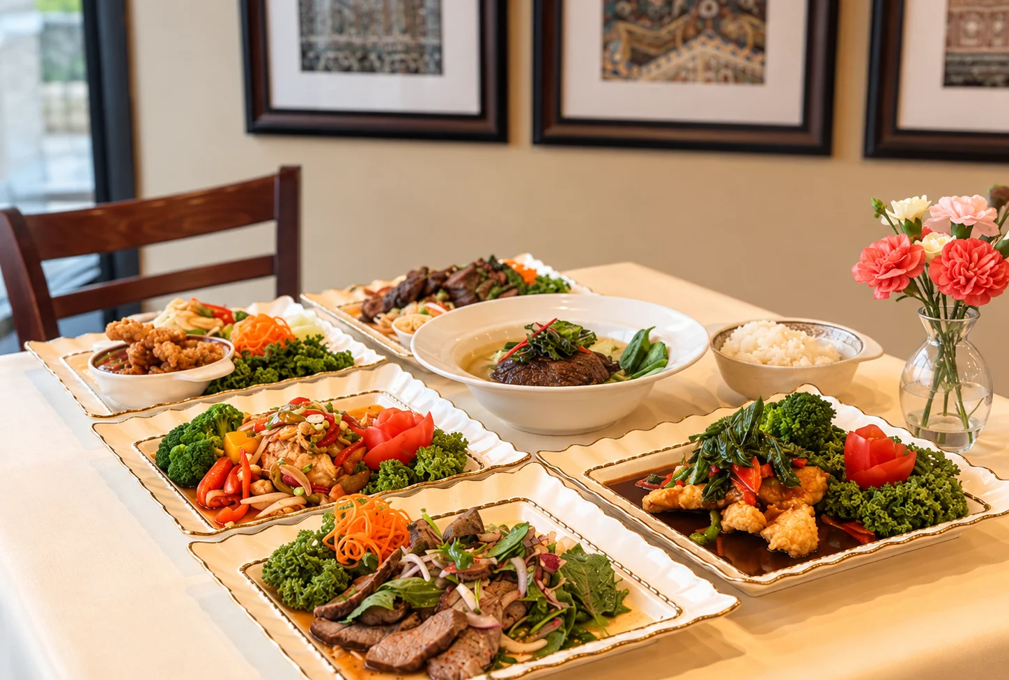 Assorted Asian dishes including stir-fry and fried chicken on a dining table
