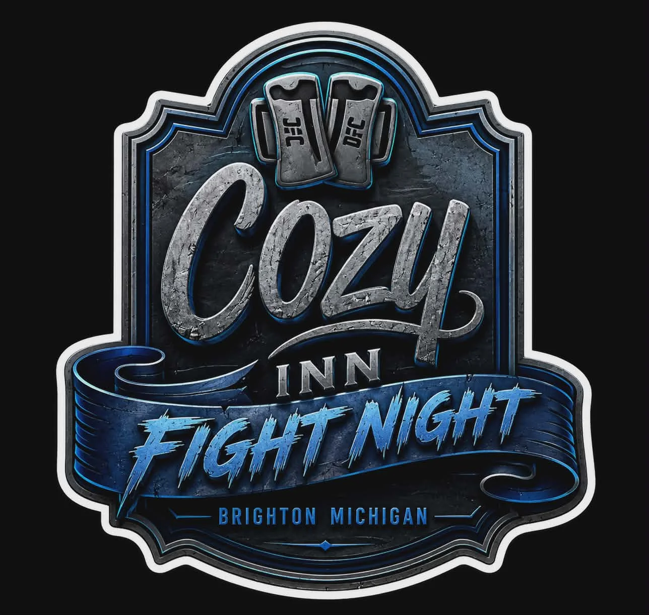 Cozy Inn Fight Night logo, Brighton Michigan, featuring UFC gloves.