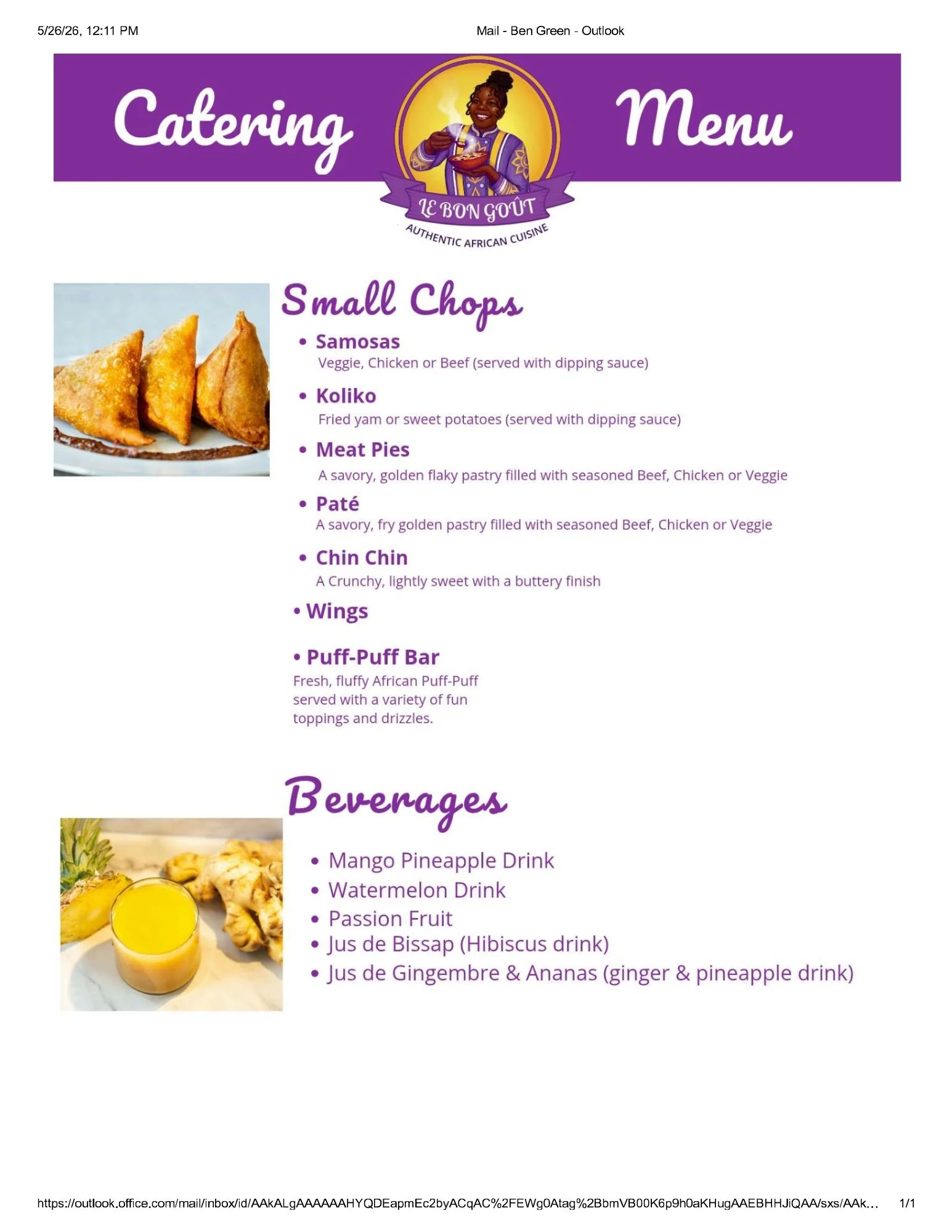 Catering menu featuring African cuisine small chops and beverages.