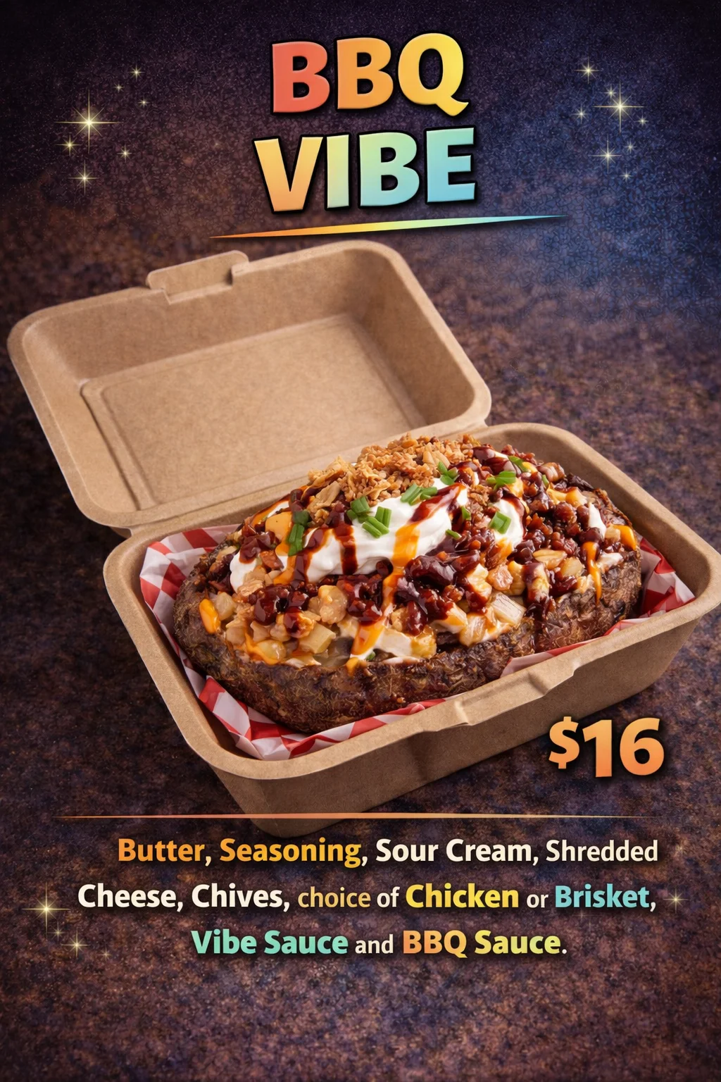 A loaded baked potato with brisket or chicken, topped with cheese, BBQ sauce, and sour cream in a casual presentation.