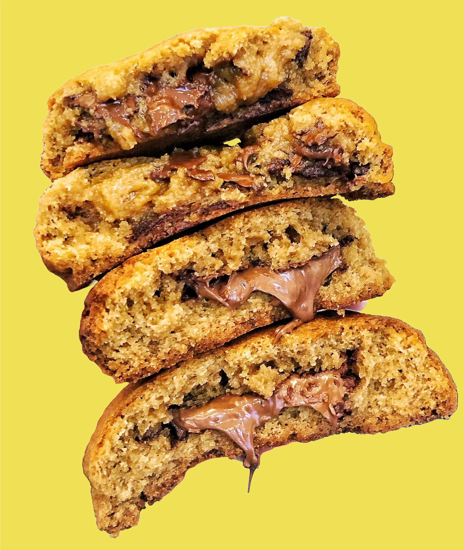 Warm chocolate chip cookie stuffed with melted chocolate