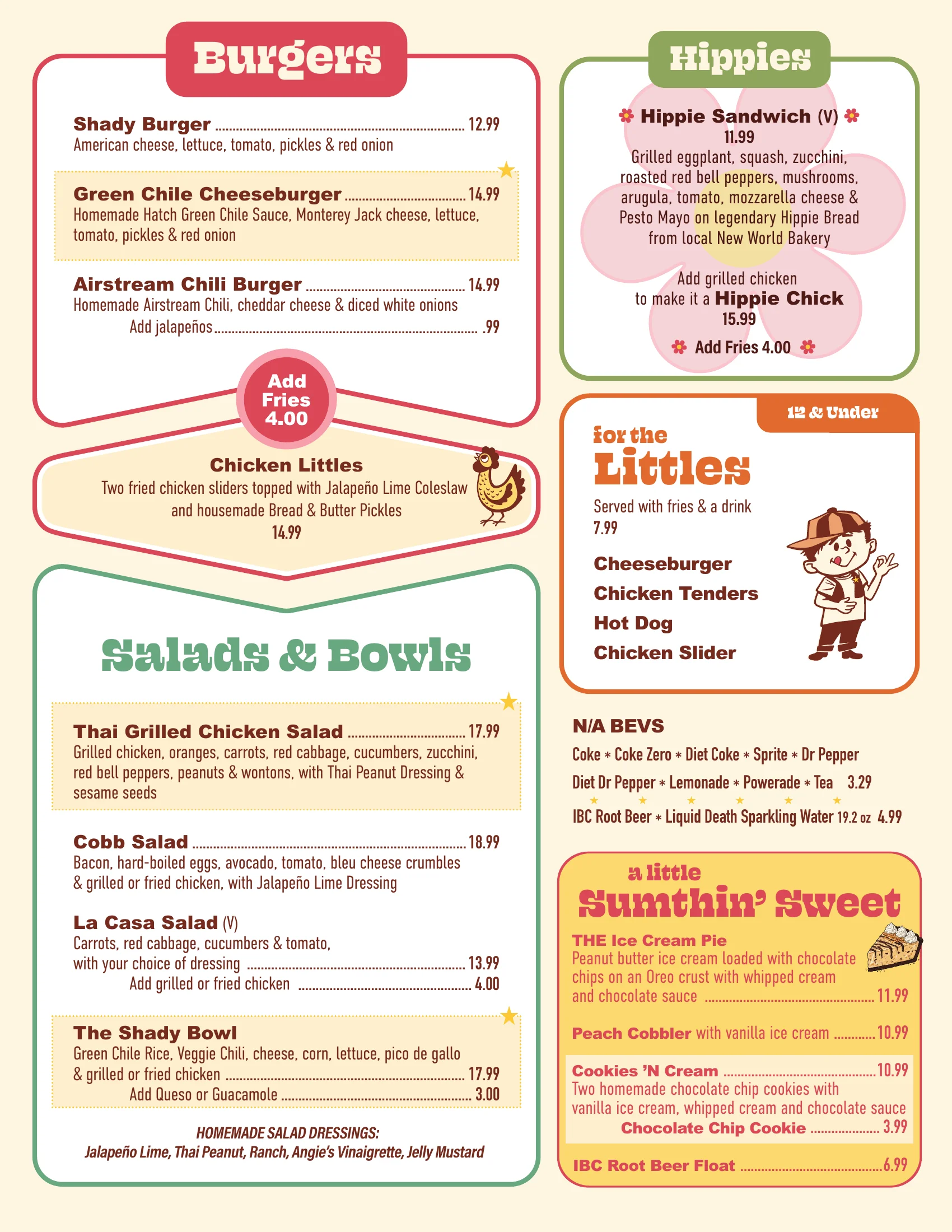 Menu featuring burgers, salads, and desserts in a casual dining setting