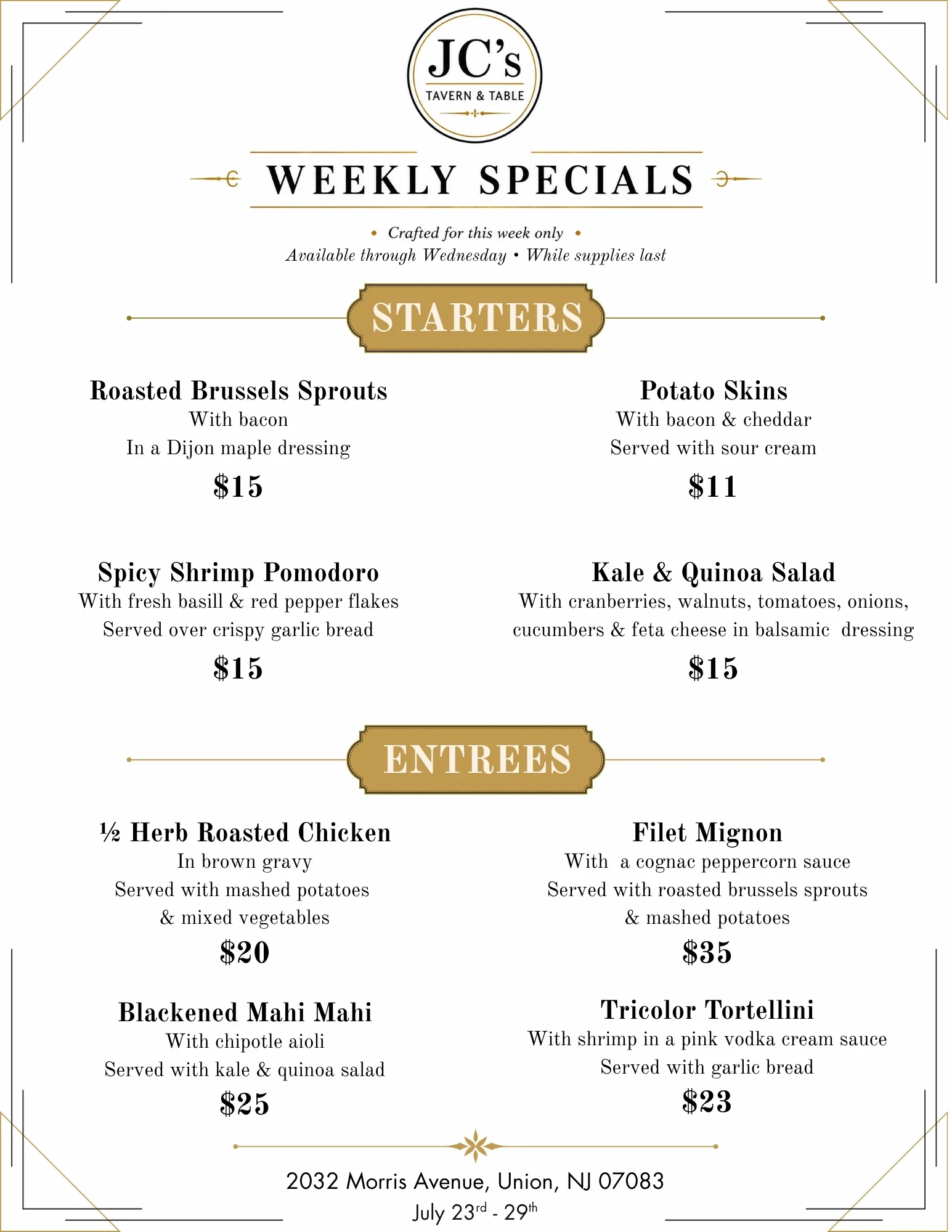 Weekly specials menu featuring delicious food items and promotions.
