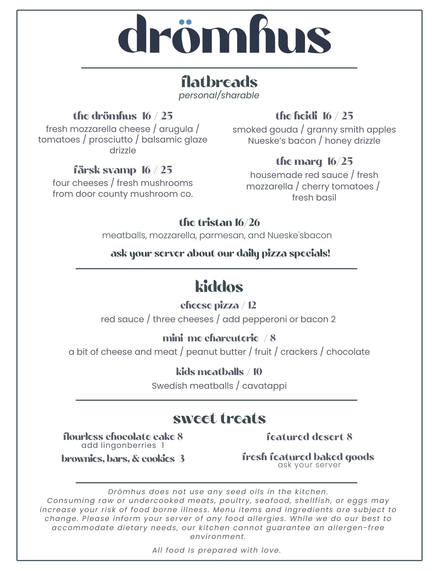Menu featuring flatbreads and kid-friendly dishes at a cozy restaurant