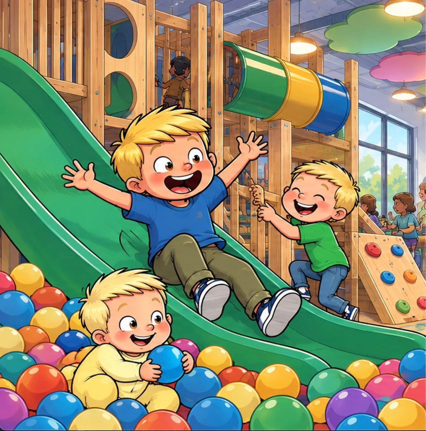 Children playing joyfully in a colorful indoor playground with slides and ball pit