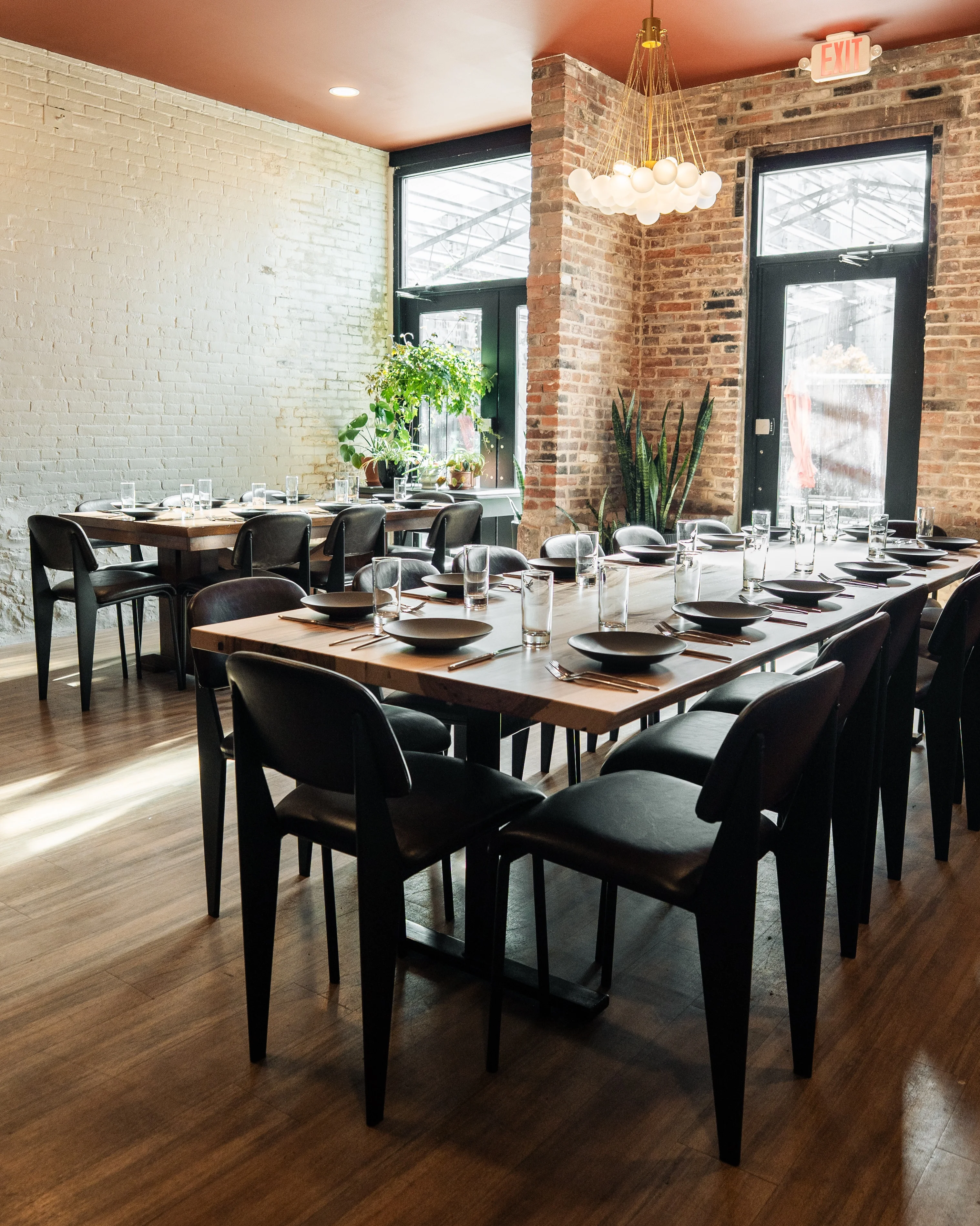 Cozy restaurant interior with wooden tables and modern decor