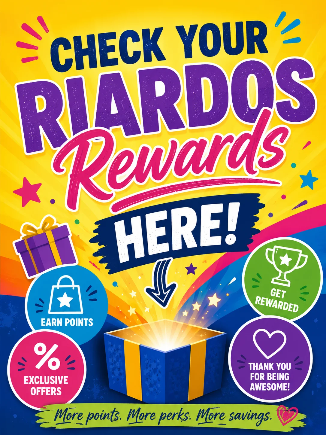 Promotional graphic for Riardos Rewards program with colorful design.