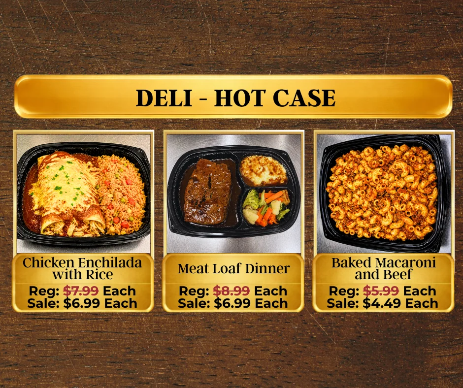 A display of various deli items in a hot case at a restaurant.