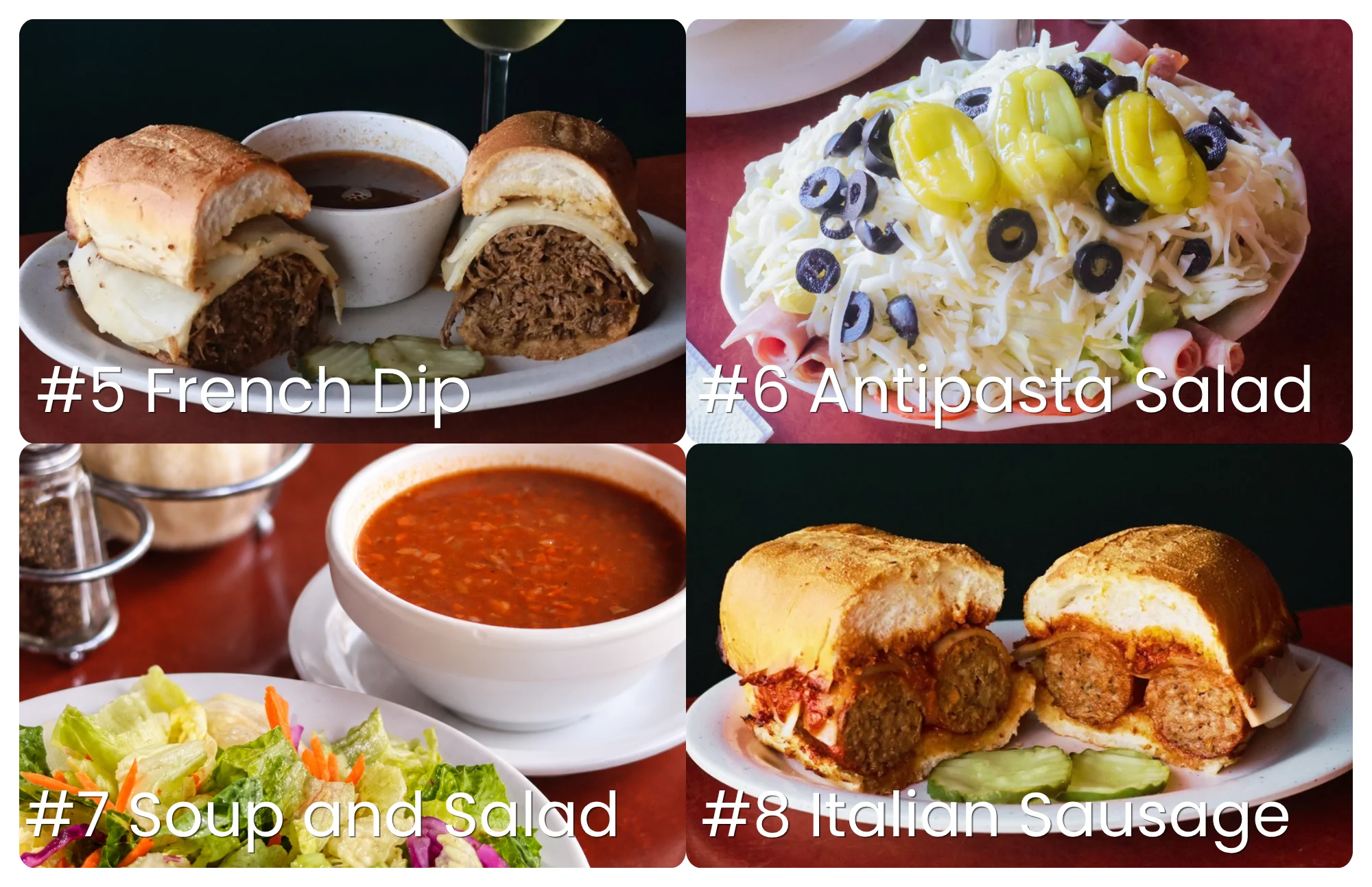 Restaurant food collage featuring French dip, antipasto salad, soup, and Italian sausage sandwiches