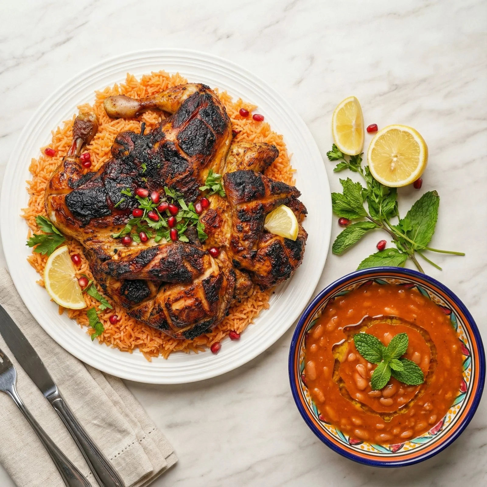 Grilled Persian chicken with saffron rice and bean stew