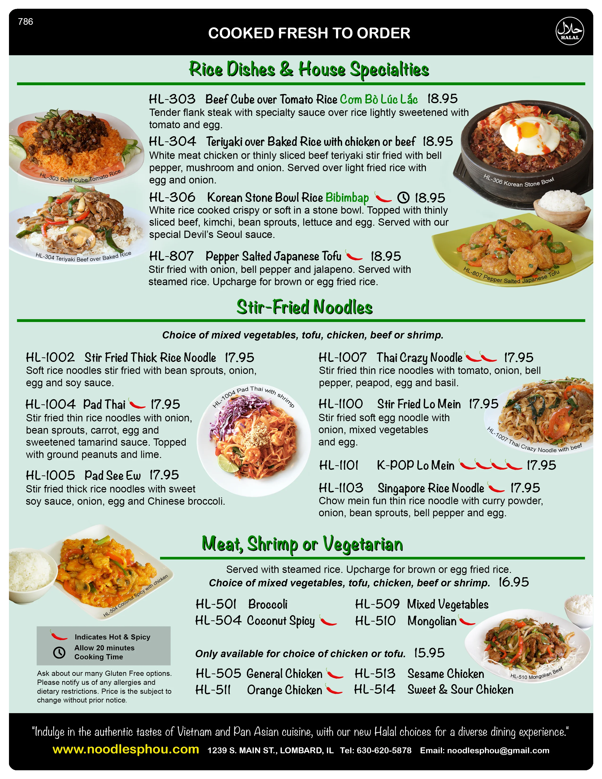 Variety of Asian rice and noodle dishes on a restaurant menu