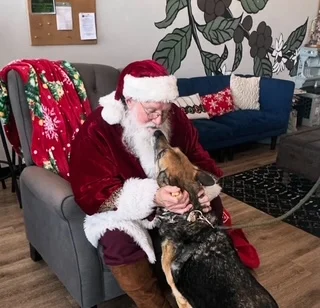 Santa Claus sharing a moment with a dog in a cozy setting