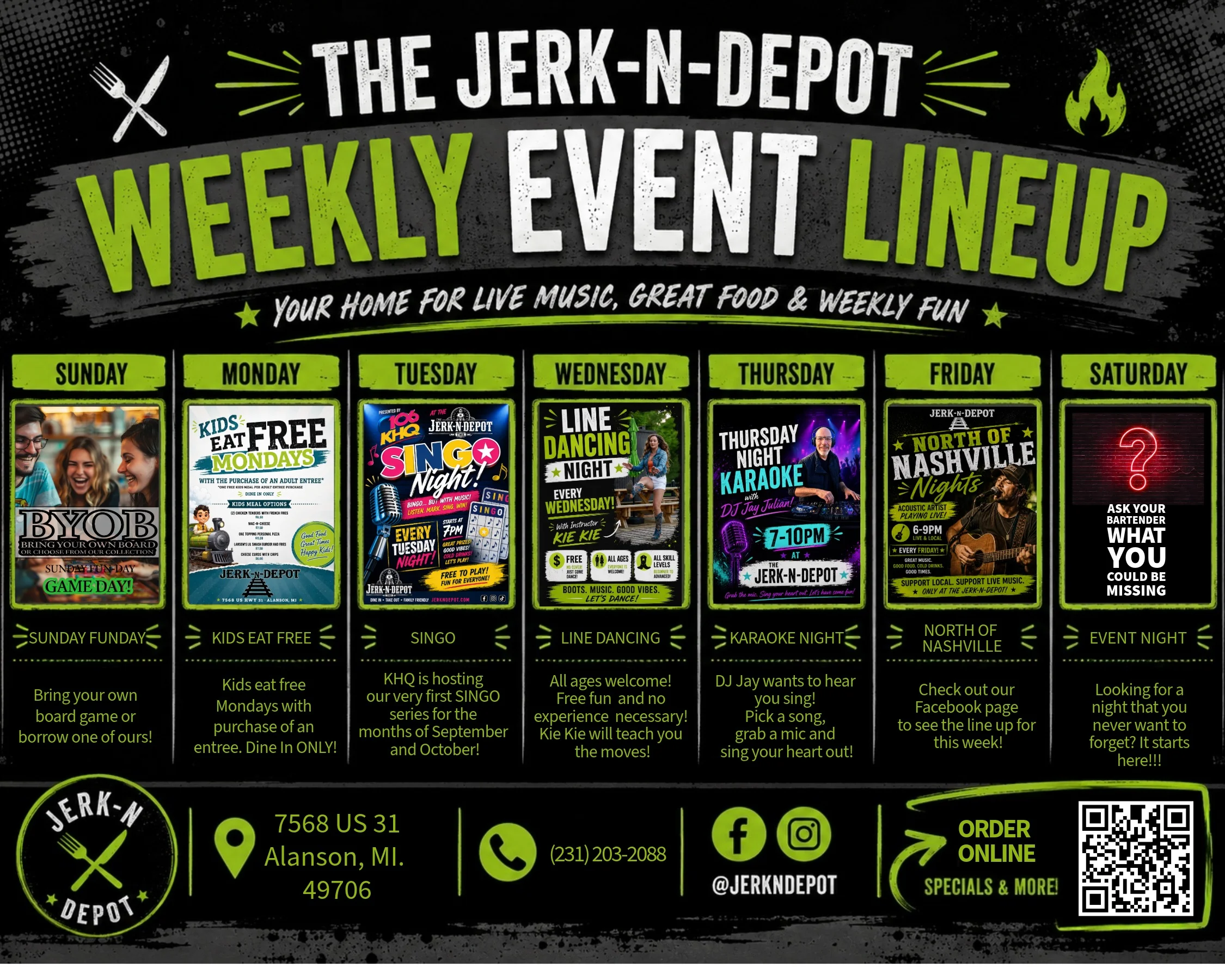 Weekly event lineup at Jerk-N-Depot restaurant in Alanson, MI