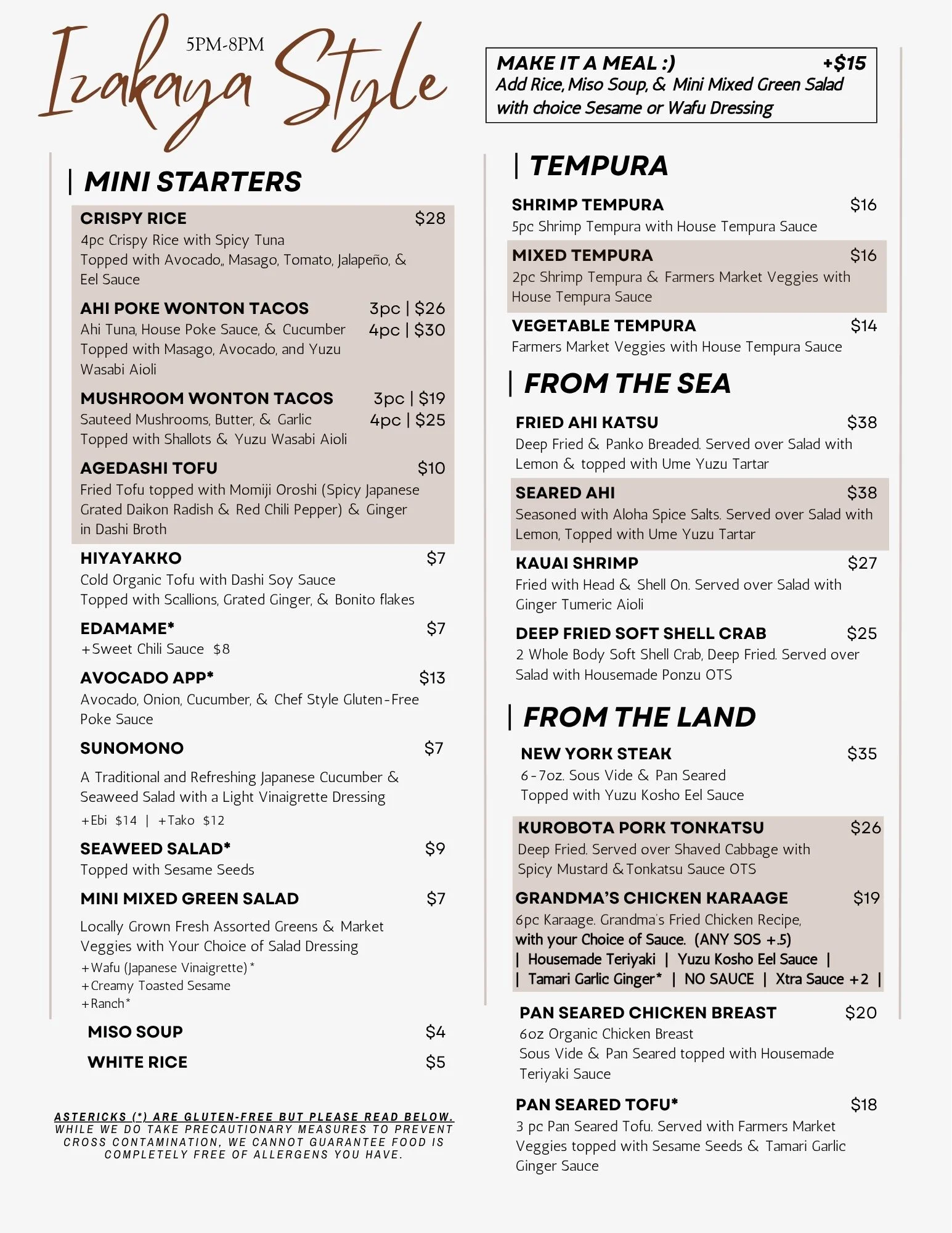 Izakaya style menu featuring various Japanese dishes and prices.