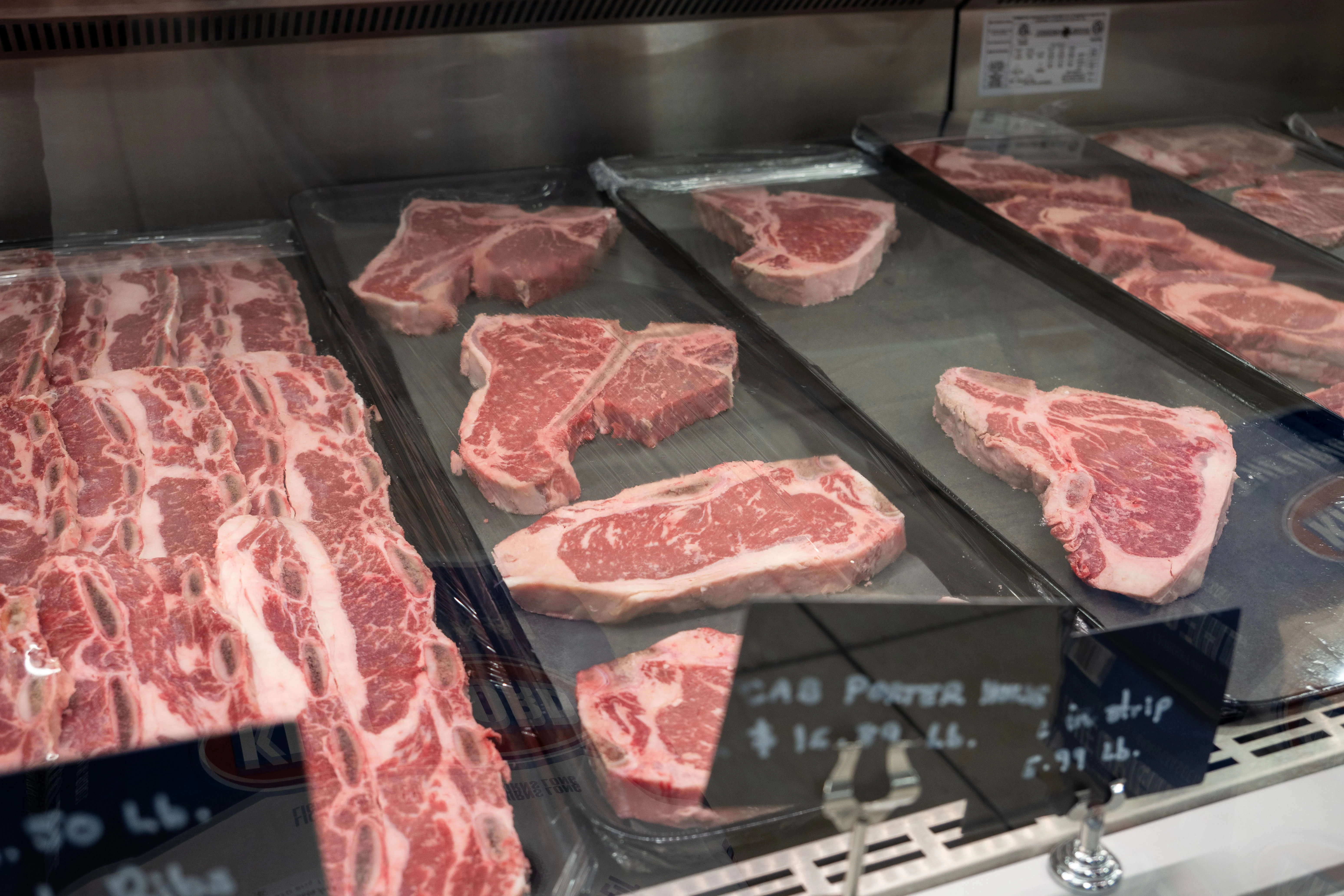 Premium cuts of beef in a butcher display case