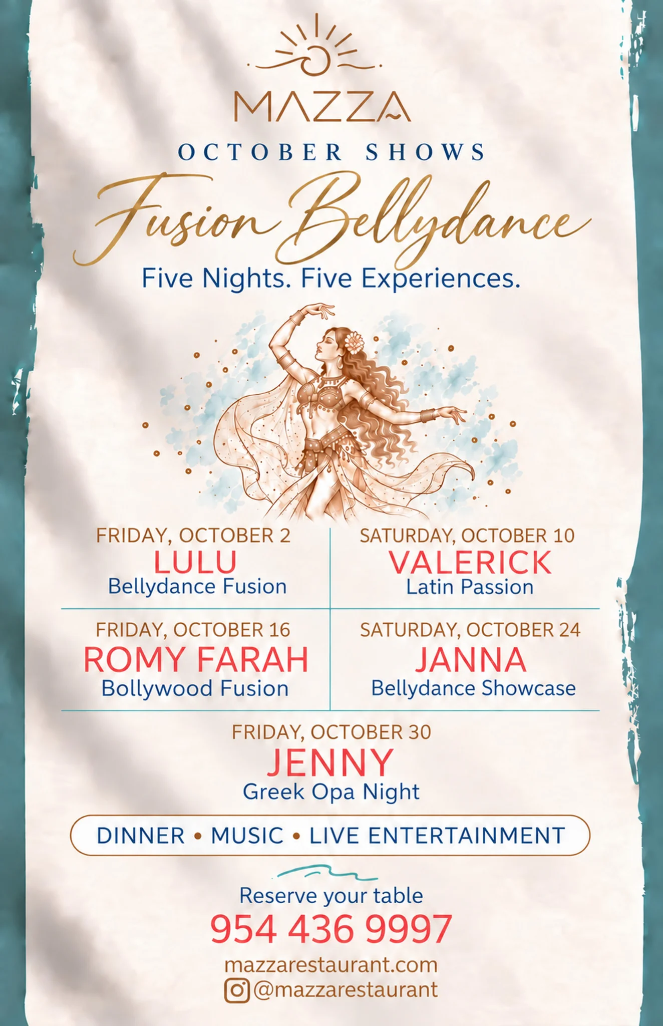 Restaurant event poster featuring illustrated fusion belly dance entertainment