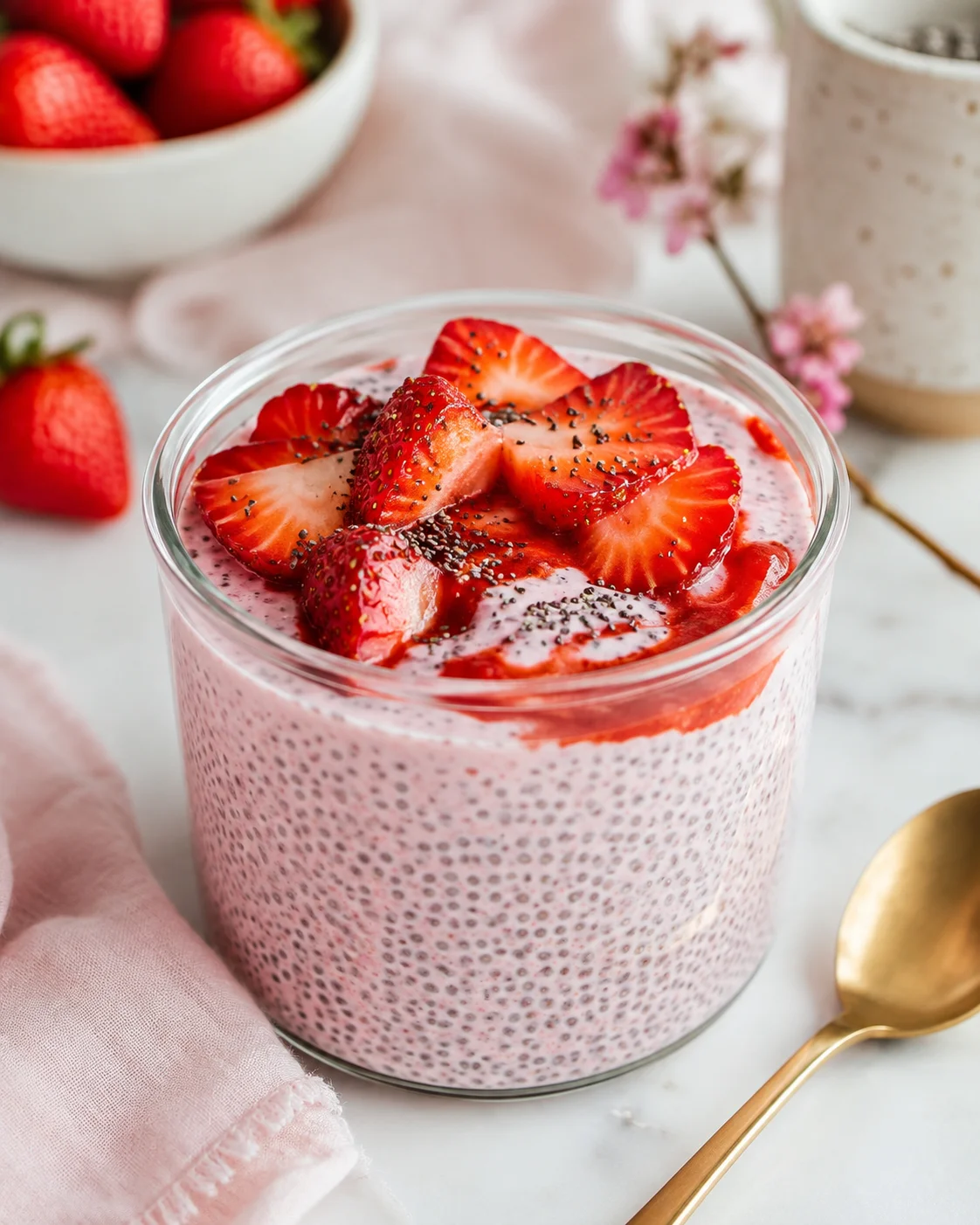 Strawberry chia pudding in a glass bowl