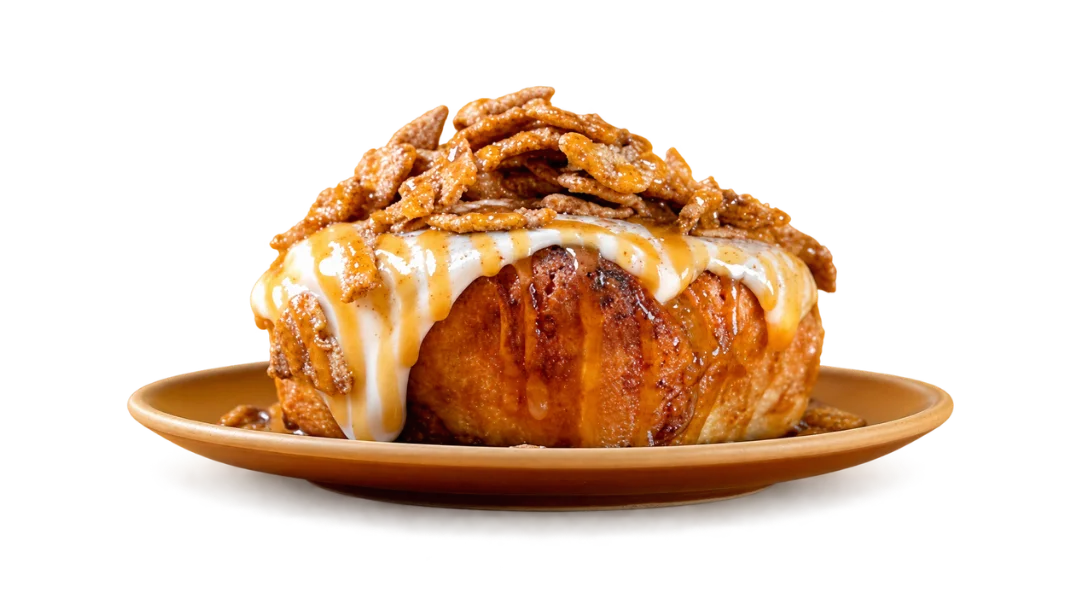Decadent cinnamon roll topped with icing and crunchy cereal