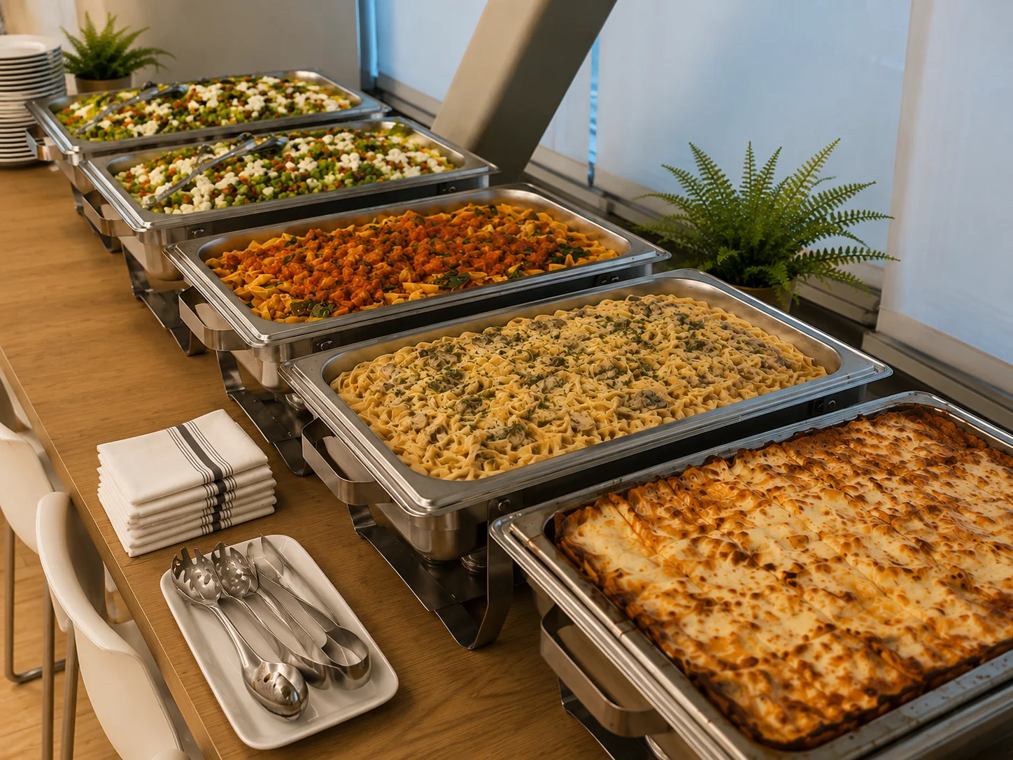 Buffet spread featuring Italian lasagna and pasta dishes