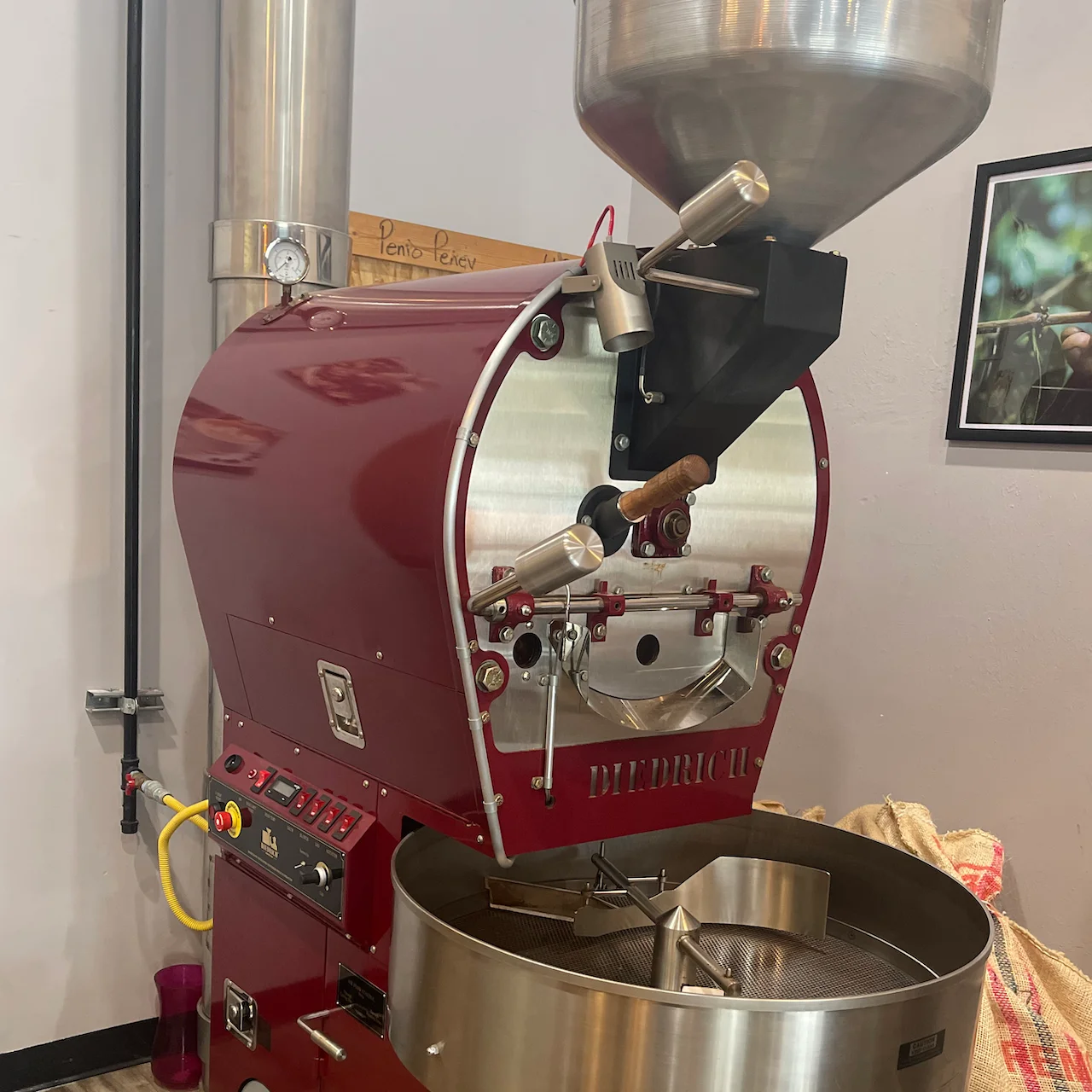 Coffee roasting machine in a modern café