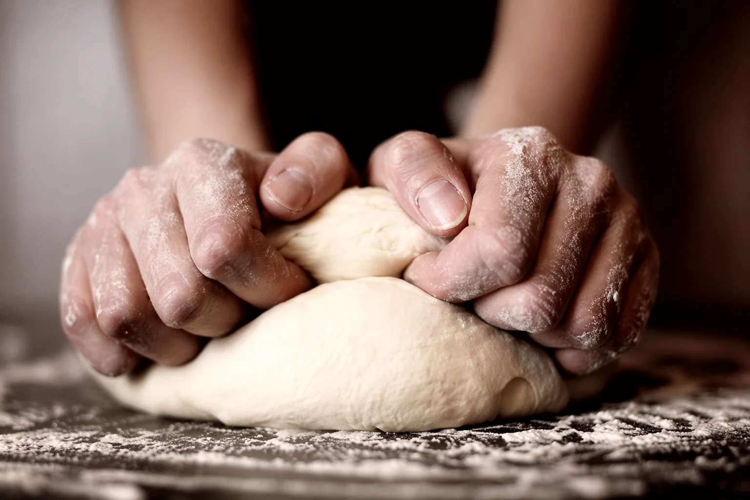 Freshly baked dough with hands kneading it on a wooden surface.