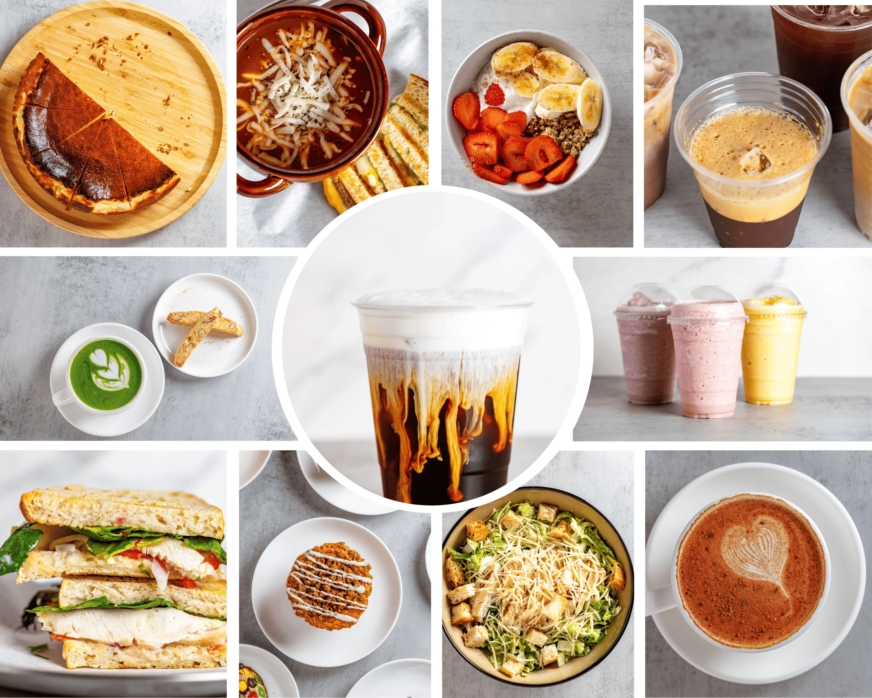 Assorted beverages and dishes including matcha latte and smoothie bowls