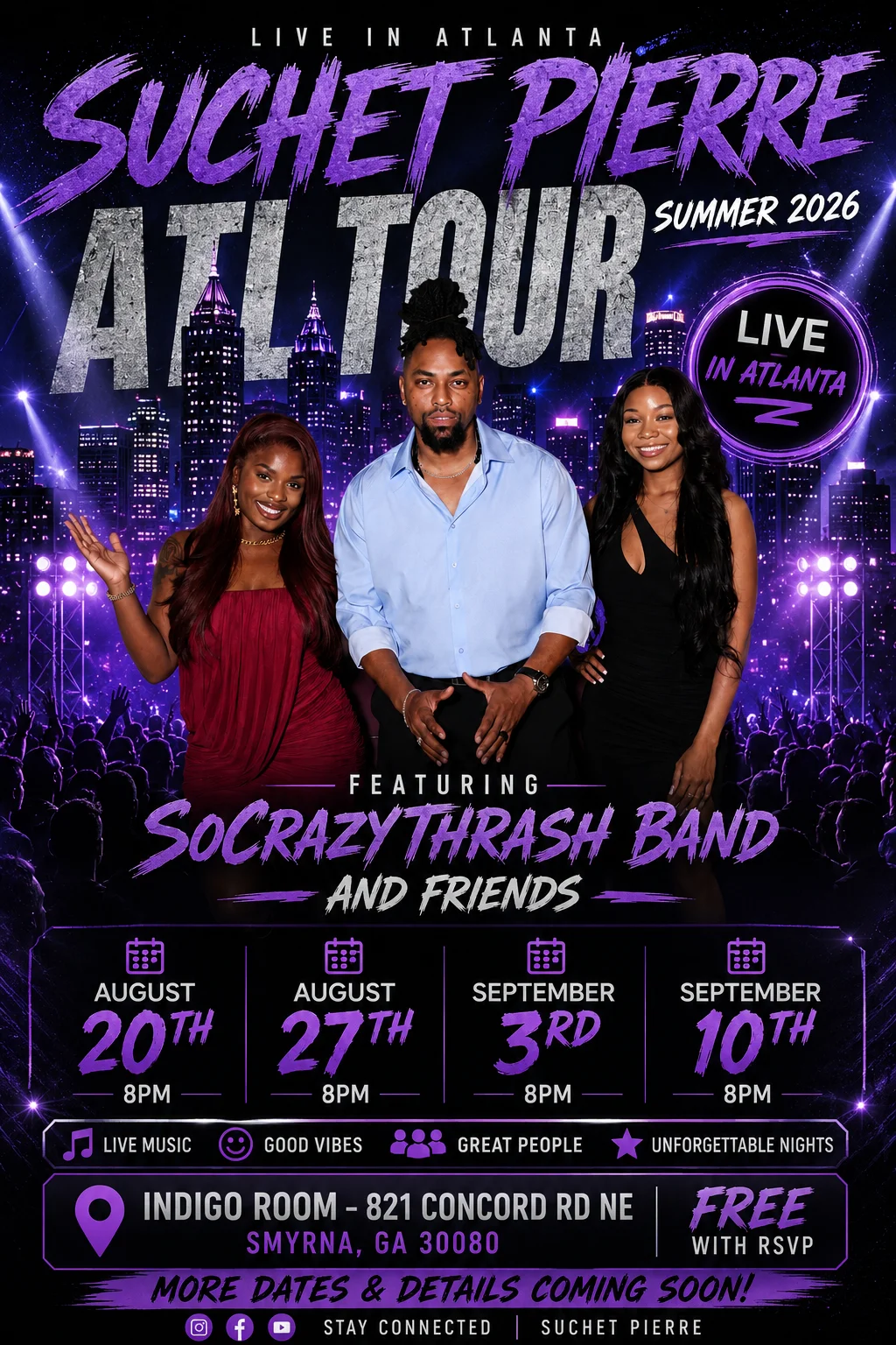 Promotional poster for Suchet Pierre's ATL Tour in Atlanta, featuring live music events.