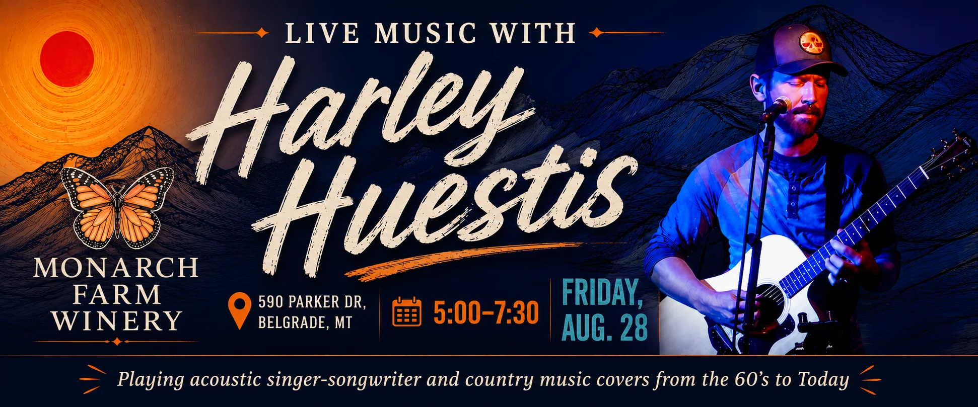 Live music event at Monarch Farm Winery featuring an acoustic performer