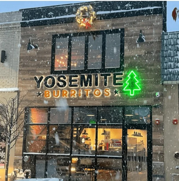 Yosemite Burritos restaurant exterior in snowy weather