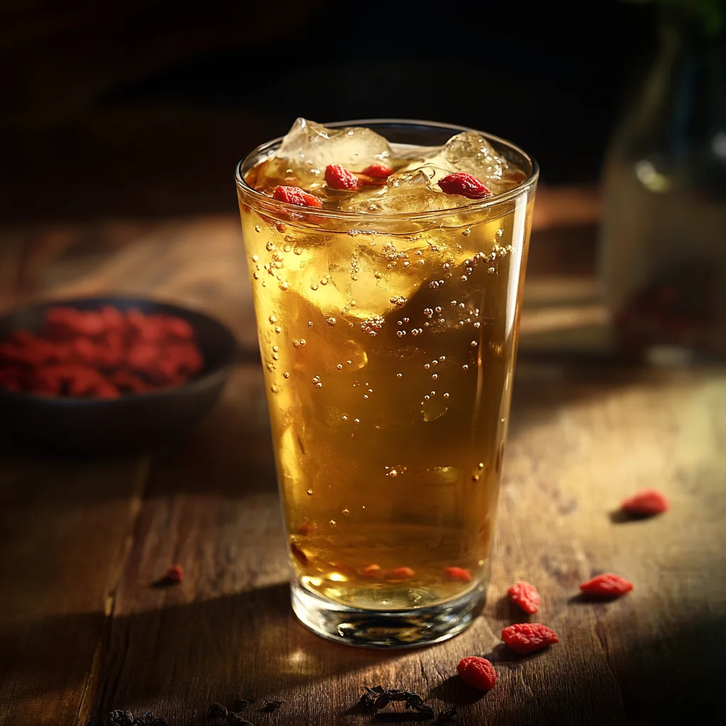 Refreshing iced tea with goji berries in a glass