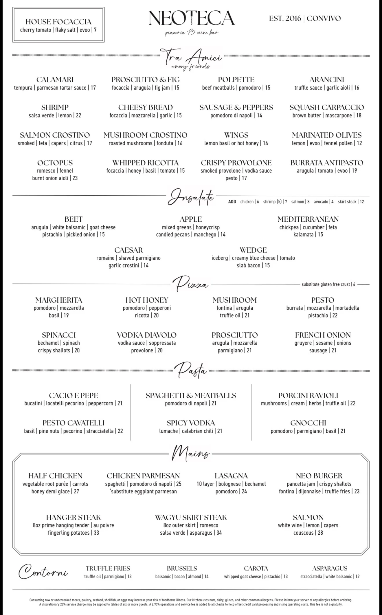 Italian menu featuring wood-fired pizzas and pasta dishes