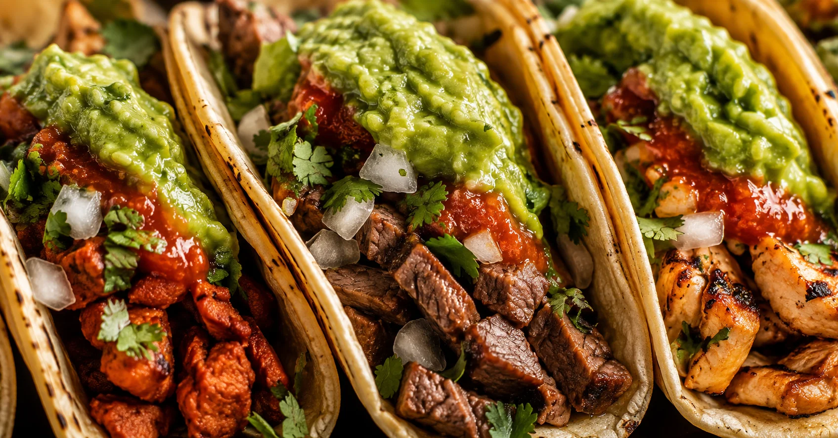 Delicious Mexican street tacos with guacamole and salsa