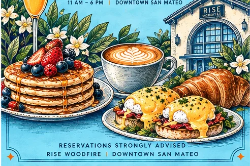 Colorful brunch scene with pancakes, coffee, and cocktails at a restaurant opening