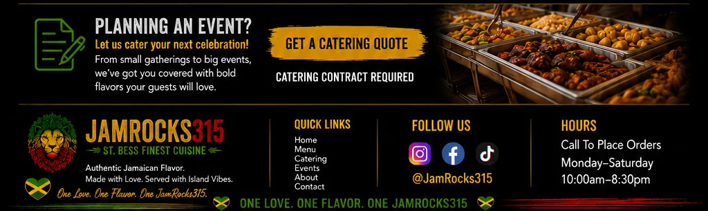 Contact page for JamRocks315, showcasing Jamaican cuisine and event catering