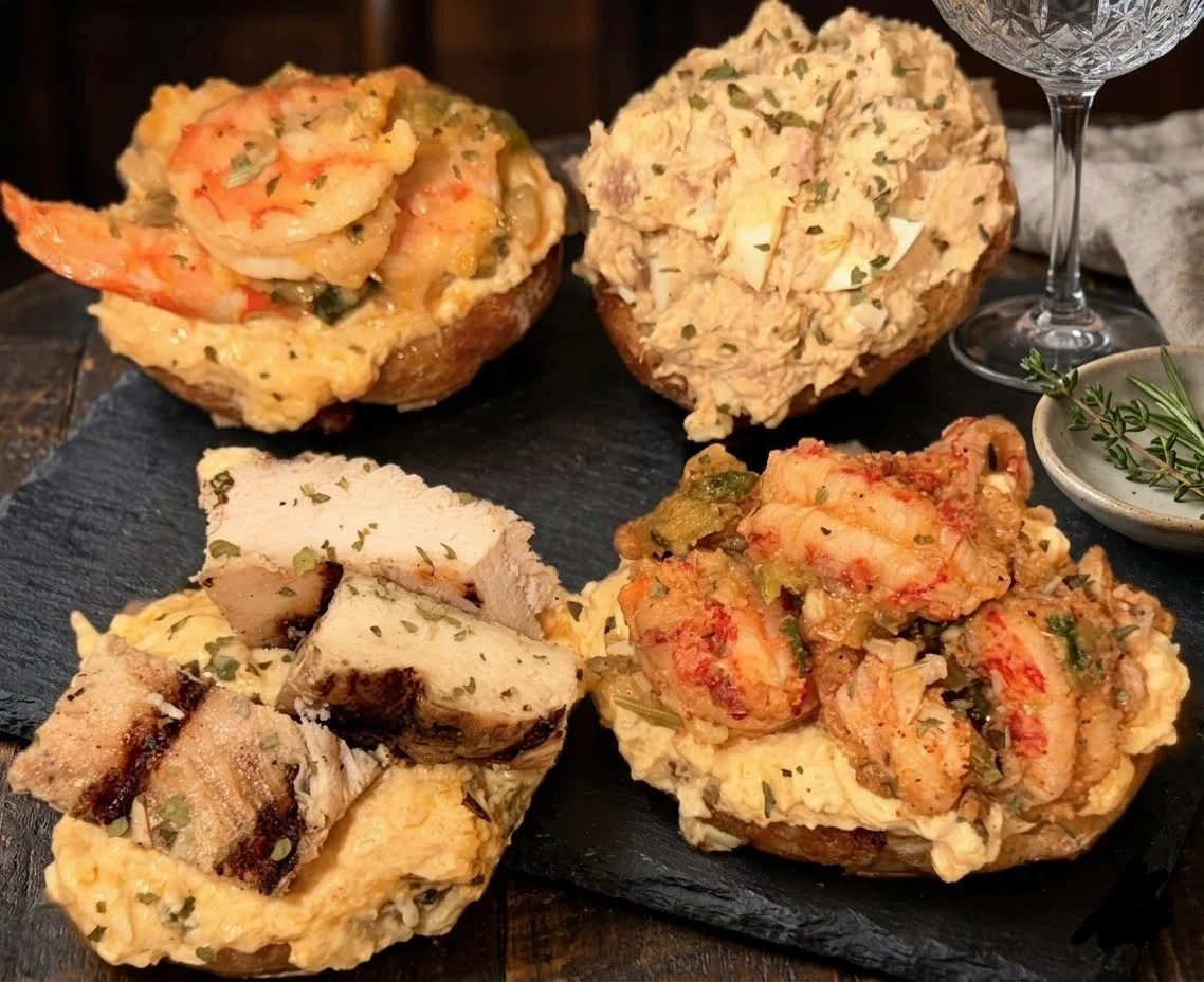 A platter of savory stuffed bread bowls, each filled with a mix of shrimp, chicken, and creamy toppings, garnished with herbs.