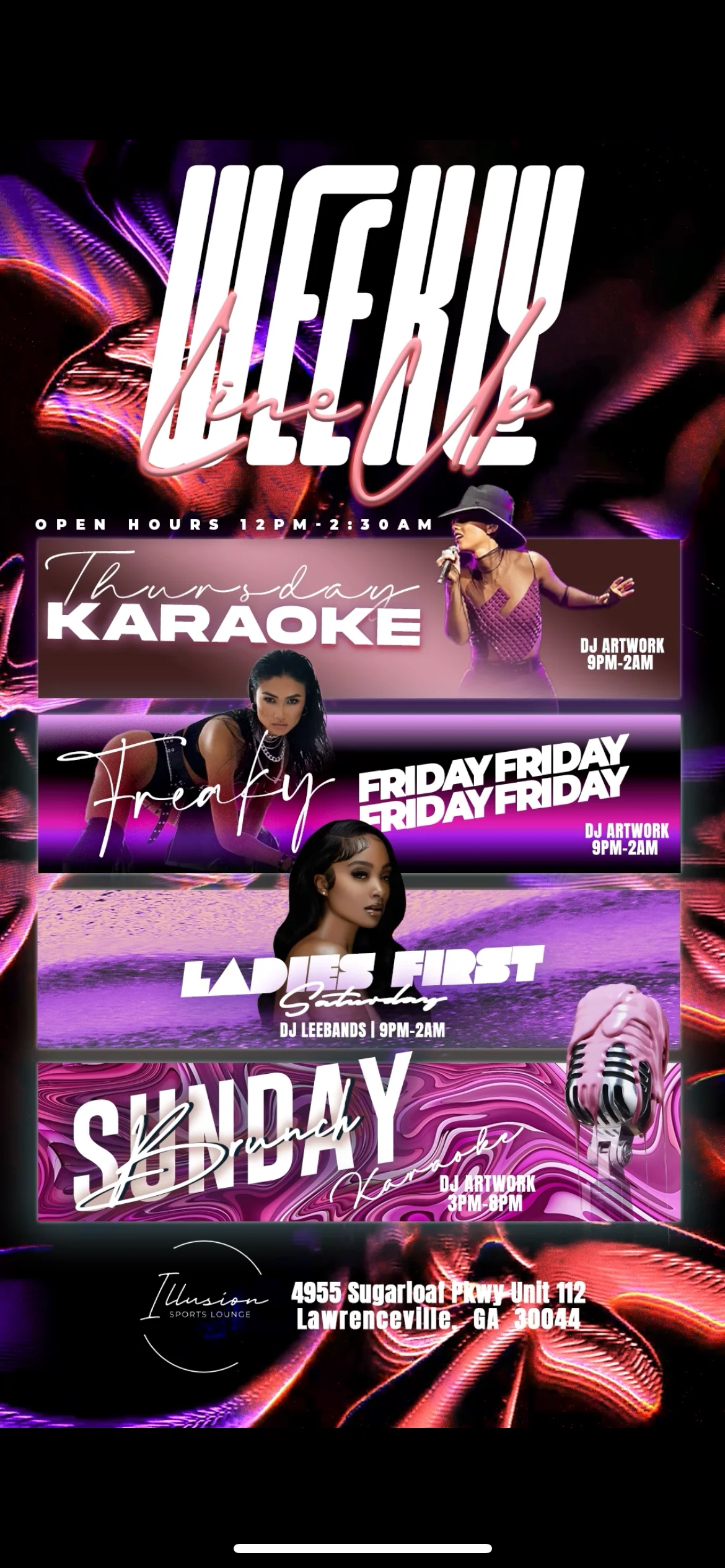 Weekly event lineup at a vibrant sports lounge