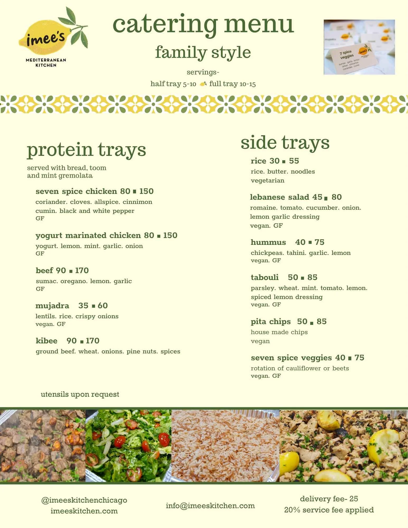 Mediterranean catering menu featuring family-style dishes