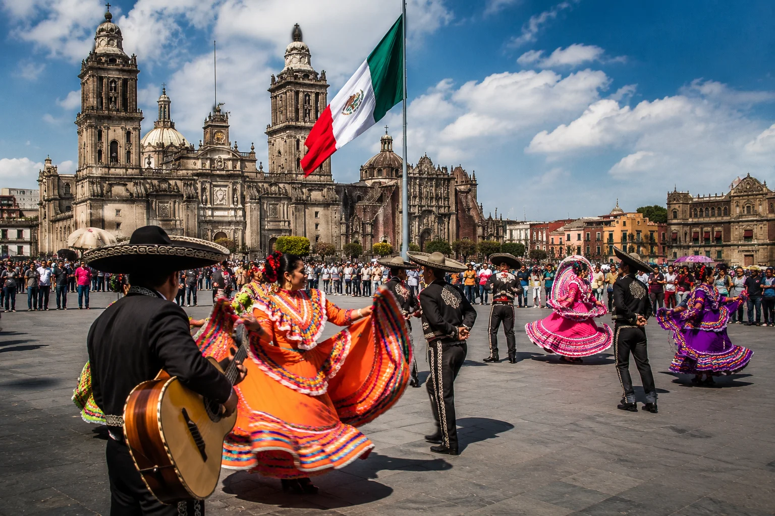 Colorful traditional Mexican dancers in a festive street celebration