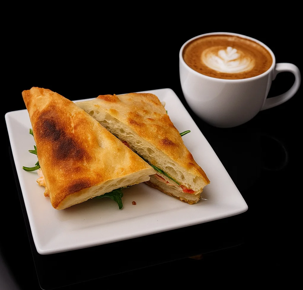 Golden toasted sandwich with fresh filling served on a white plate alongside a cup of coffee